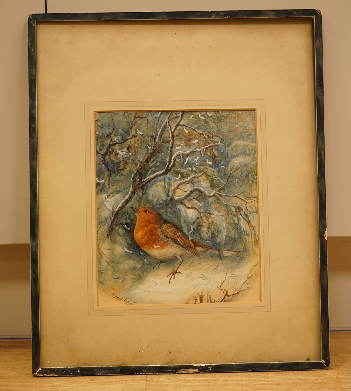 Ernest Griset (French, 1843-1907), study of a robin in winter, signed, watercolour heightened with white, 22 x 19cm